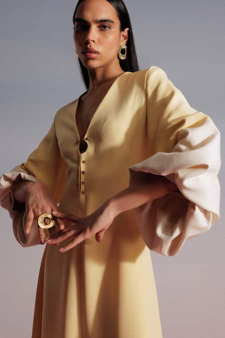 Sameer Madan_Yellow Crepe V-neck Caiprioshka A-line Dress _Online_at_Aza_Fashions