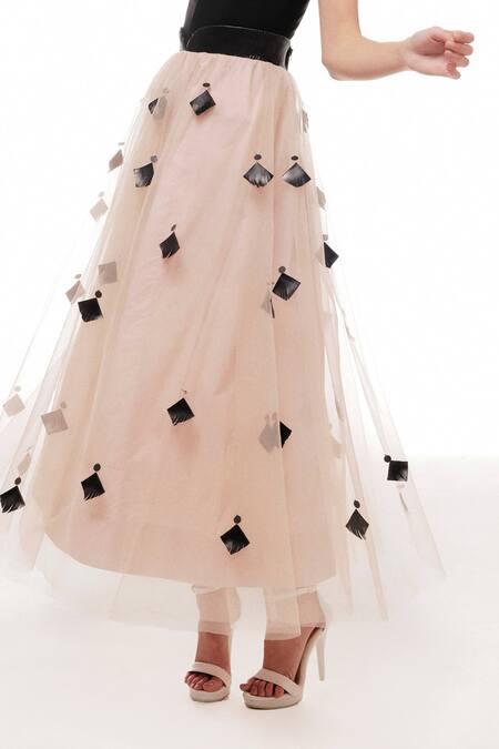 Sameer Madan_Peach Cotton, Leather Diamonds California Dream Work Skirt _Online_at_Aza_Fashions