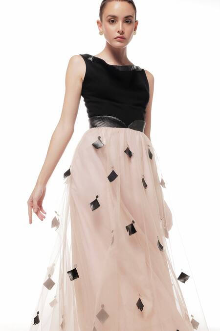 Buy_Sameer Madan_Peach Cotton, Leather Diamonds California Dream Work Skirt _Online_at_Aza_Fashions