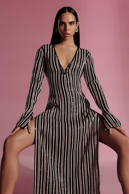 Sameer Madan Cardinale Striped Long Dress 