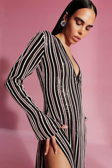Sameer Madan_Black Silk Sequins Plunge Neck Cardinale Striped Long Dress _Online_at_Aza_Fashions