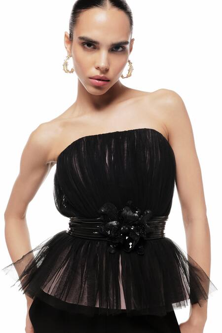 Sameer Madan_Black Sequins, Fabric Flowers Off-shoulder Cheeky Vimto Peplum Top _Online_at_Aza_Fashions