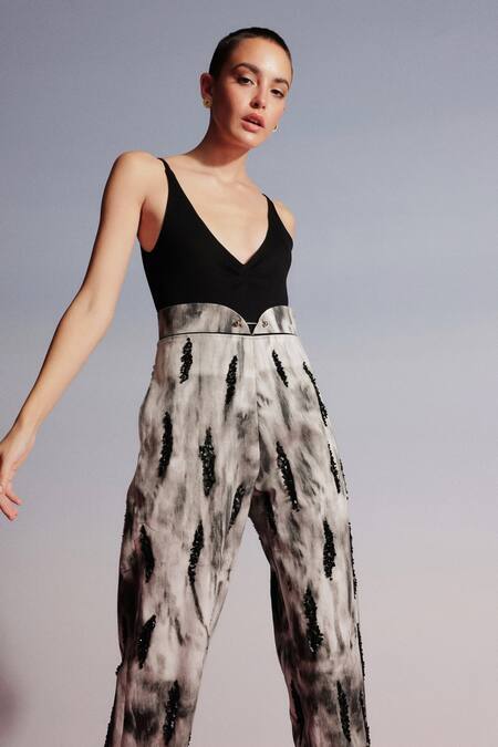 Shop Sameer Madan Black Denim Sequins Cornell Trousers at Aza Fashions Shop_Sameer Madan_Black Denim Sequins Cornell Trousers_at_Aza_Fashions