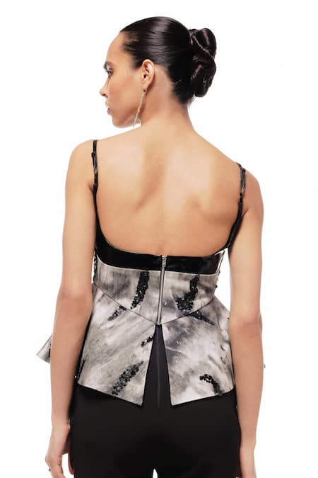 Shop Sameer Madan Black Net, Denim Embroidery Square Neck Costa Del Sol Top at Aza Fashions Shop_Sameer Madan_Black Net, Denim Embroidery Square Neck Costa Del Sol Top_at_Aza_Fashions