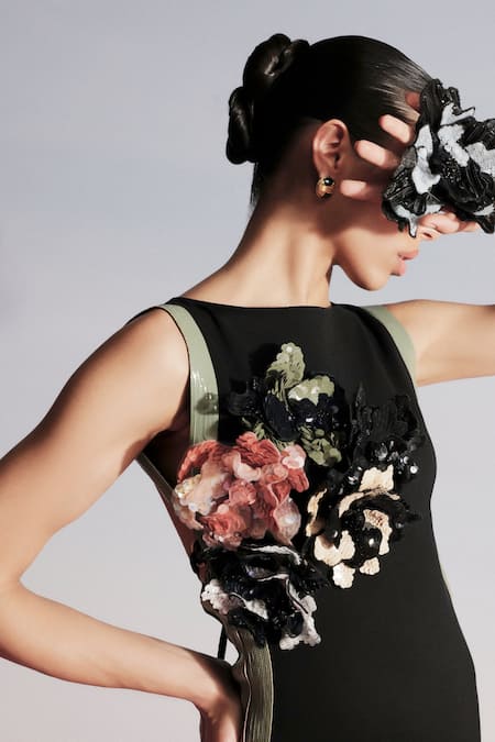 Sameer Madan Black Jersey, Leather Sequins Boat Neck Cuba Libre Bodycon Dress Online at Aza Fashions Sameer Madan_Black Jersey, Leather Sequins Boat Neck Cuba Libre Bodycon Dress _Online_at_Aza_Fashions