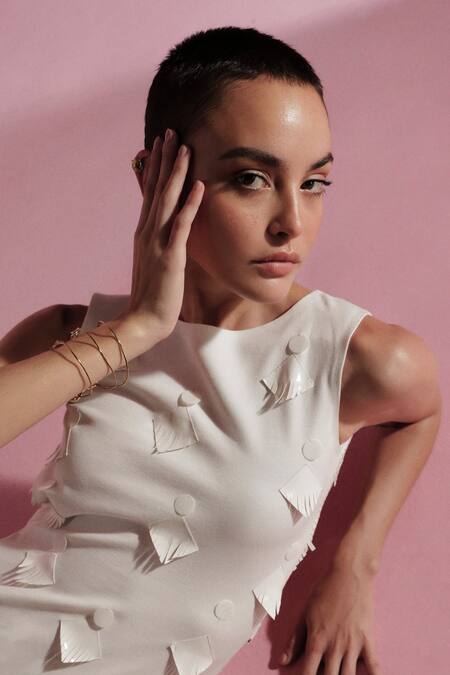 Sameer Madan_White Jersey, Leather Fringe Round Neck Embellished Bodysuit _Online_at_Aza_Fashions