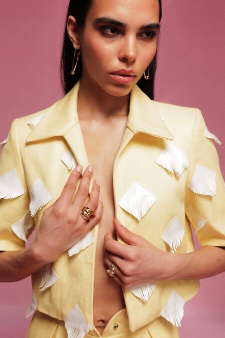 Sameer Madan_Yellow Denim, Taffeta, Faux Leather Applique Collared Diamond Fizz Jacket _Online_at_Aza_Fashions