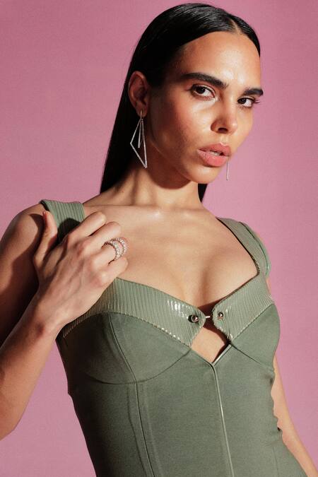 Sameer Madan_Green Jersey, Leather Sweetheart Neck Emerald Isle Bodycon Dress _Online_at_Aza_Fashions