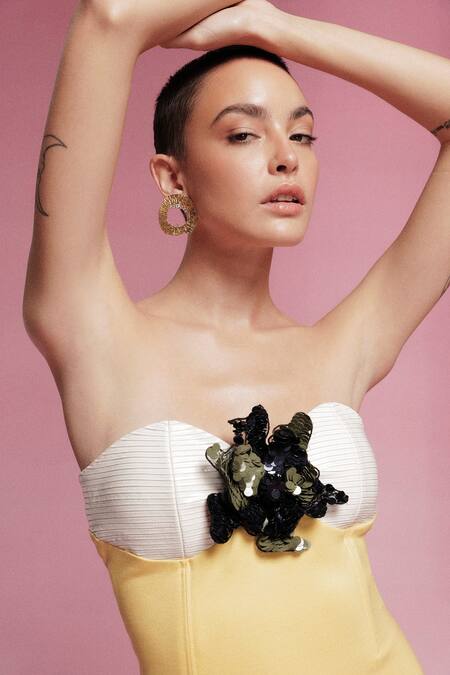 Sameer Madan Yellow Jersey, Leather Lace, French Gimlet Flower Embroidered Bodycon Dress Online at Aza Fashions Sameer Madan_Yellow Jersey, Leather Lace, French Gimlet Flower Embroidered Bodycon Dress _Online_at_Aza_Fashions