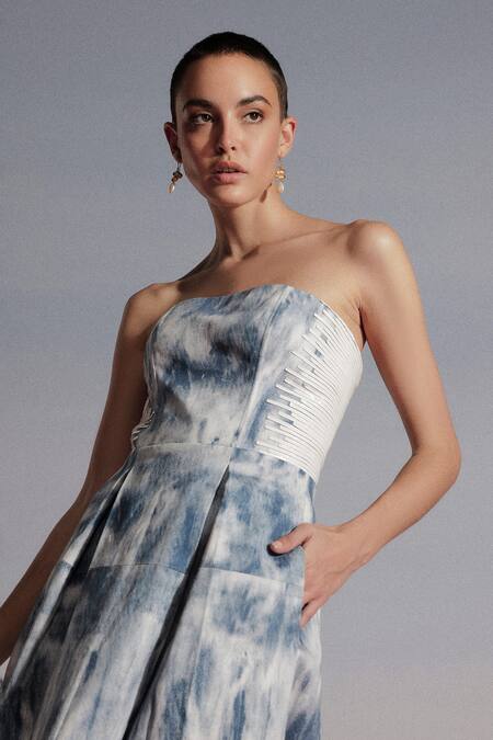 Sameer Madan_Blue Cotton, Leather, Denim Lace Frostbite Glitch Print Box Pleated Dress _Online_at_Aza_Fashions