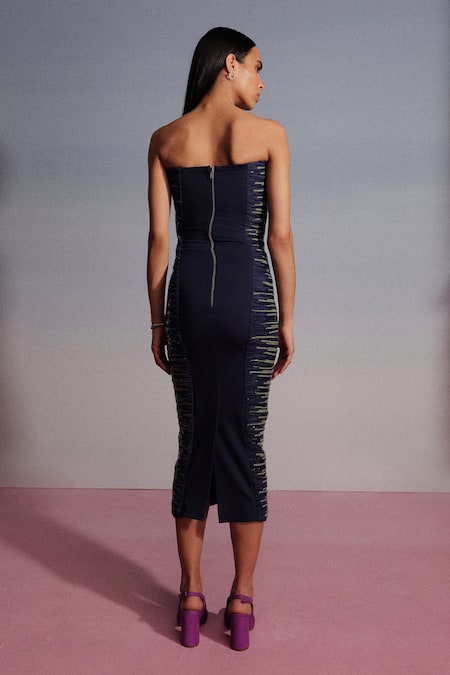 Sameer Madan Sea Metallic Lace Embroidered Ruched Dress 