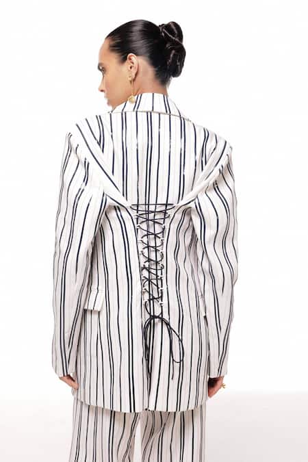 Sameer Madan Gin Pinstripe Embroidered Tie Up Blazer 