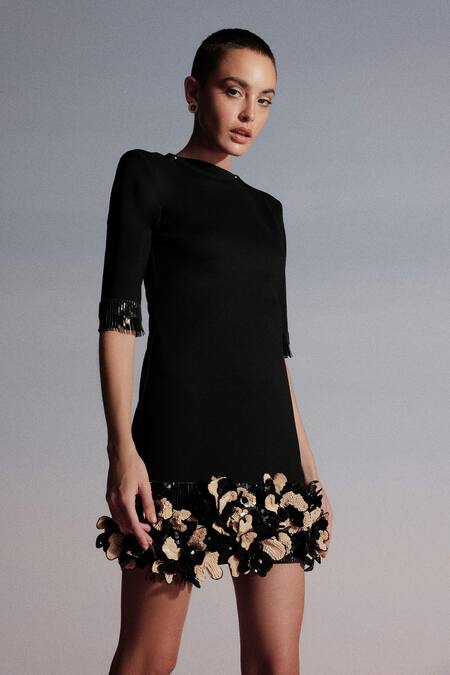 Sameer Madan Black Jersey, Leather Sequins, Lace, Fabric Gin Daisy Embroidered Bodycon Dress Online at Aza Fashions Sameer Madan_Black Jersey, Leather Sequins, Lace, Fabric Gin Daisy Embroidered Bodycon Dress _Online_at_Aza_Fashions
