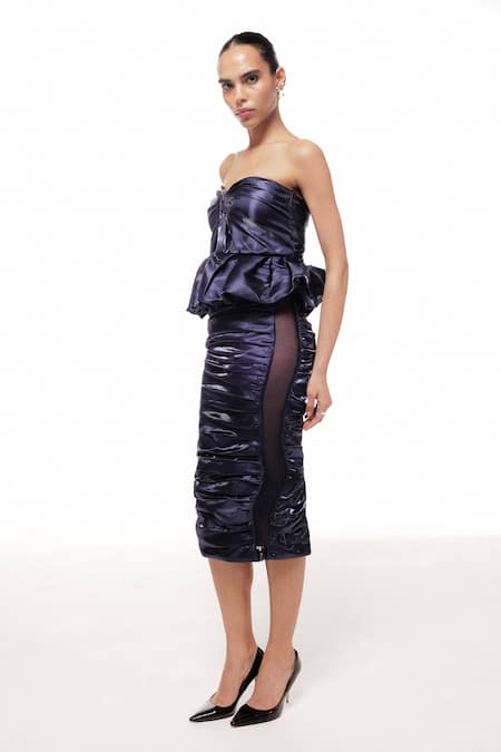 Sameer Madan Blue Dutch Satin Strapless Ink Cocktail Peplum Ruched Dress 