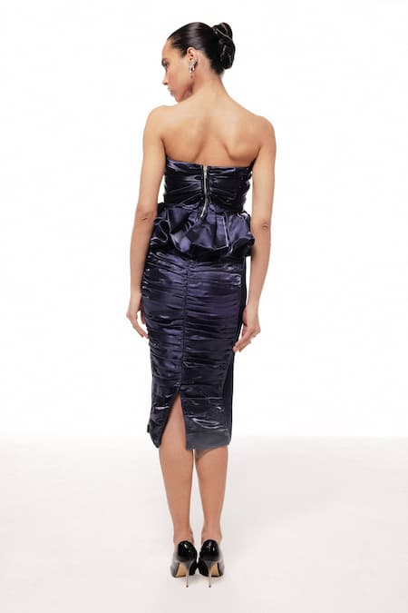 Sameer Madan Ink Cocktail Peplum Ruched Dress 