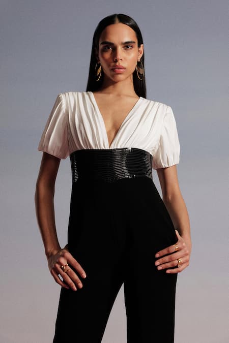 Sameer Madan_Black Crepe, Leather Lace Irish Whiskey Metallic Embroidered Yoke Jumpsuit _Online_at_Aza_Fashions