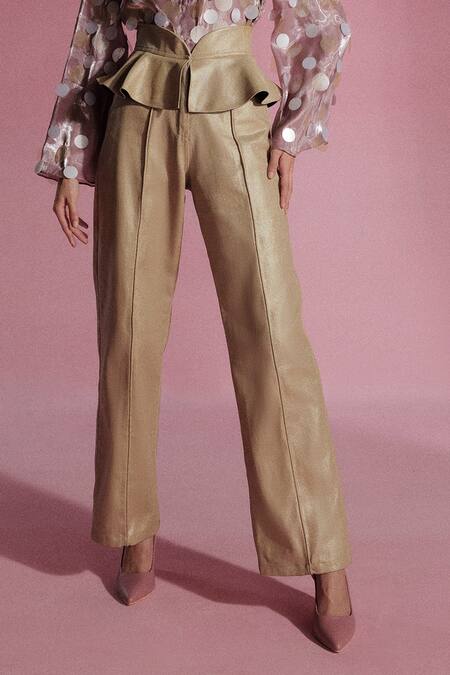 Sameer Madan_Gold Denim, Linen Embroidery Limonata Peplum High Waist Trouser _Online_at_Aza_Fashions