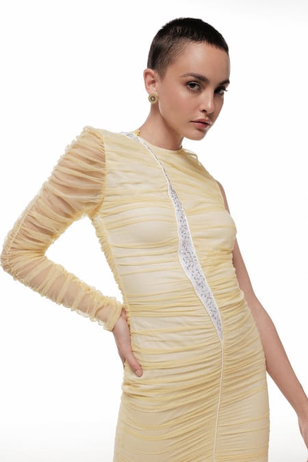 Sameer Madan Limoncello Embroidered Asymmetric Ruched Dress 