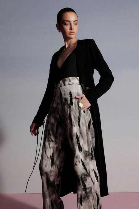 Sameer Madan_Black Taffeta, Satin, Leather Lace, Metallic Manhattan Embroidered Tie Up Jacket _Online_at_Aza_Fashions