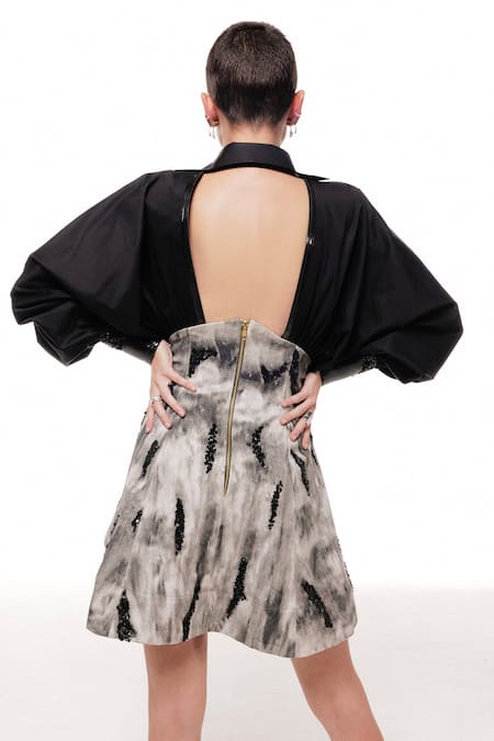 Shop Sameer Madan Black Cotton, Leather, Denim Sequins, Beads, Mind Eraser Embroidered Yoke Dress at Aza Fashions Shop_Sameer Madan_Black Cotton, Leather, Denim Sequins, Beads, Mind Eraser Embroidered Yoke Dress_at_Aza_Fashions