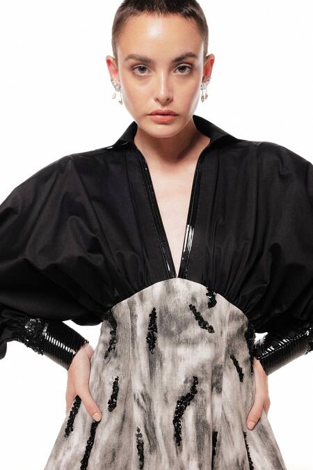 Sameer Madan Black Cotton, Leather, Denim Sequins, Beads, Mind Eraser Embroidered Yoke Dress Online at Aza Fashions Sameer Madan_Black Cotton, Leather, Denim Sequins, Beads, Mind Eraser Embroidered Yoke Dress_Online_at_Aza_Fashions