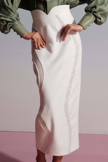 Sameer Madan_White Jersey, Leather Sequins, Beads Peppermint Embroidered Yoke Pencil Skirt _Online_at_Aza_Fashions