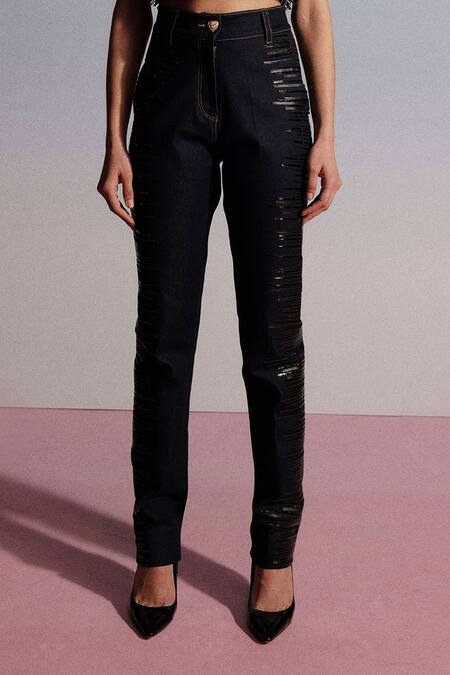 Sameer Madan_Blue Cotton, Denim Embroidery Piscola Lace Slim Fit Jeans _Online_at_Aza_Fashions