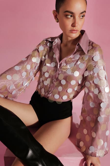 Sameer Madan Mauve Sequined Applique Bell Sleeve Bodysuit 