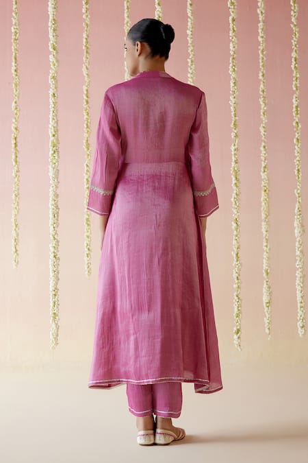 Shop Nero India Pink Tissue Gota Patti V-neck Aari Embroidered Angrakha And Pant Set at Aza Fashions Shop_Nero India_Pink Tissue Gota Patti V-neck Aari Embroidered Angrakha And Pant Set_at_Aza_Fashions