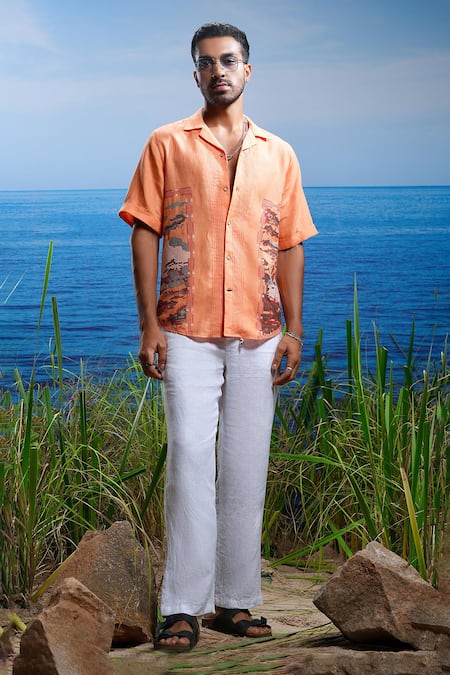 Shop Asuka Orange Linen Embroidery Sunset Stitch Tapestry Shirt Online at Aza Fashions Shop_Asuka_Orange Linen Embroidery Sunset Stitch Tapestry Shirt _Online_at_Aza_Fashions