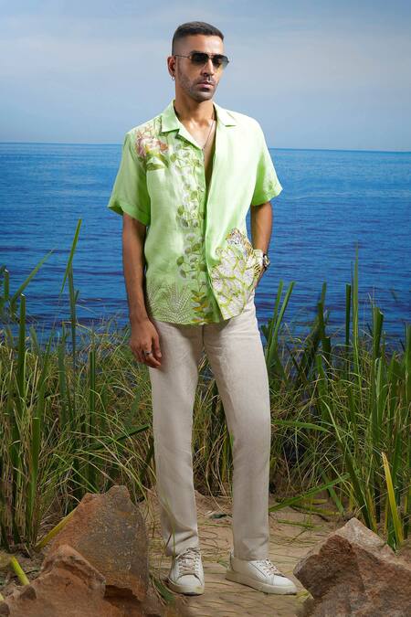 Shop Asuka Green Linen Embroidery Tropical Oasis Cuban Shirt Online at Aza Fashions Shop_Asuka_Green Linen Embroidery Tropical Oasis Cuban Shirt _Online_at_Aza_Fashions
