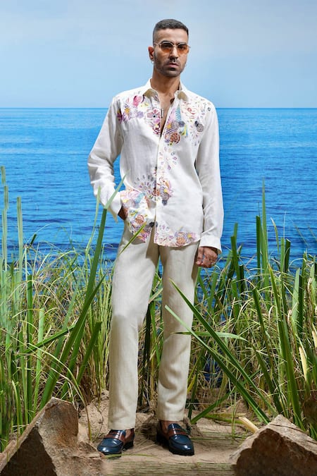 Shop_Asuka_White Linen Embroidery Floral Odyssey Shirt _Online_at_Aza_Fashions