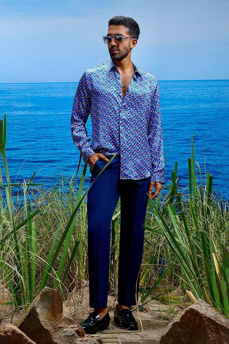 Shop Asuka Blue Liberty Habutai Silk Print Prismatic Horizon Shirt Online at Aza Fashions Shop_Asuka_Blue Liberty Habutai Silk Print Prismatic Horizon Shirt _Online_at_Aza_Fashions