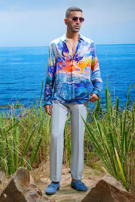 Shop_Asuka_White Habutai Silk Printed Cosmic Wave Shirt _Online_at_Aza_Fashions