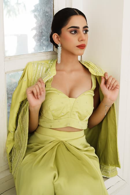 Shop_House Of Anmol Jain_Green Satin, Silk Embroidery, Sequins, Beads Draped Skirt And Hand Jacket Set _Online_at_Aza_Fashions