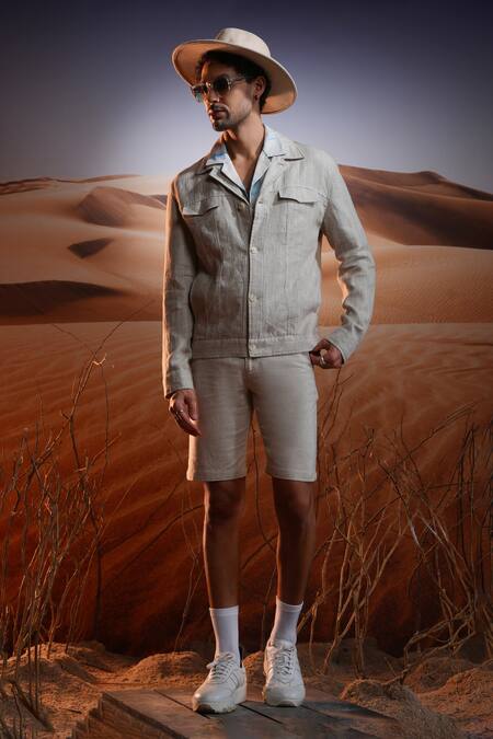 Asuka Beige Linen Chalk Stripe Pattern Jacket Online at Aza Fashions Asuka_Beige Linen Chalk Stripe Pattern Jacket _Online_at_Aza_Fashions