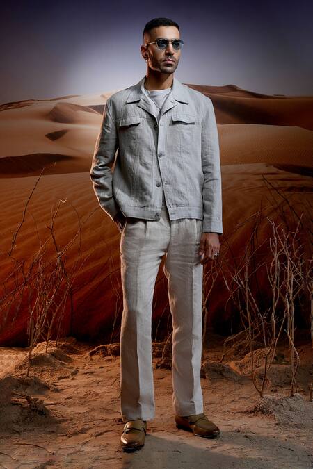 Buy Asuka Grey Linen Wanderer Trucker Jacket Online at Aza Fashions Buy_Asuka_Grey Linen Wanderer Trucker Jacket _Online_at_Aza_Fashions