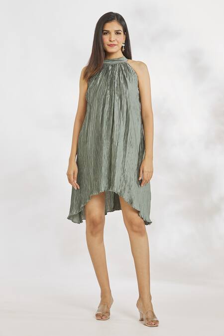 Naintara Bajaj_Grey Satin Bandeau Neck Crinkle Textured Short Dress _at_Aza_Fashions
