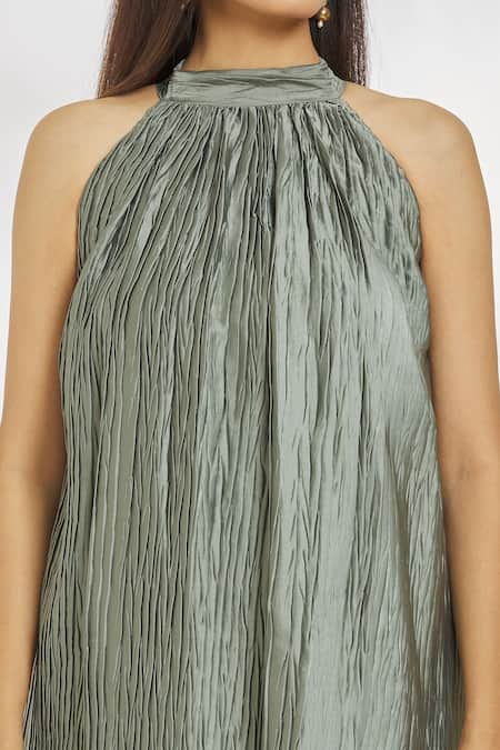 Shop_Naintara Bajaj_Grey Satin Bandeau Neck Crinkle Textured Short Dress _Online_at_Aza_Fashions