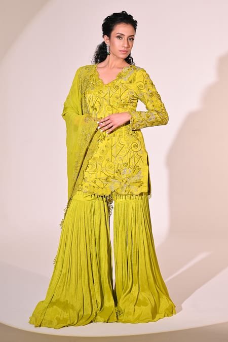 BAANI KHURANA Green Chiffon Embroidered Applique Cut-out V Floral Vine Kurta Sharara Set 