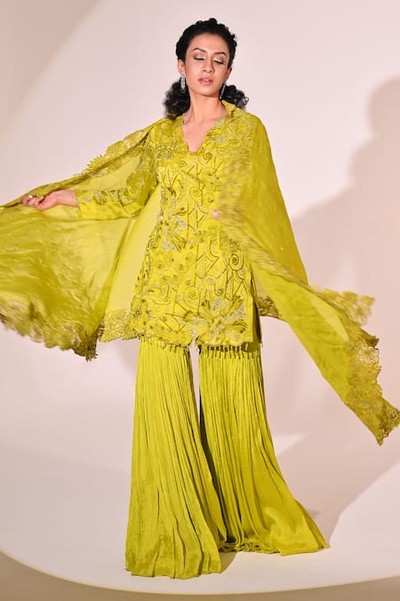 BAANI KHURANA_Green Organza, Chiffon Sequins, Beads, Applique, Floral Vine Kurta Sharara Set _Online_at_Aza_Fashions