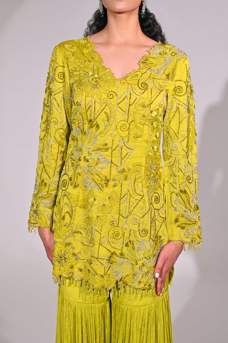 Shop_BAANI KHURANA_Green Organza, Chiffon Sequins, Beads, Applique, Floral Vine Kurta Sharara Set _Online_at_Aza_Fashions