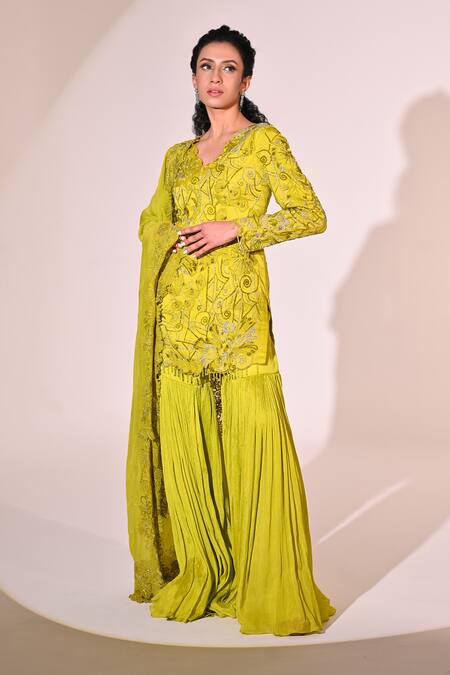 BAANI KHURANA_Green Organza, Chiffon Sequins, Beads, Applique, Floral Vine Kurta Sharara Set _at_Aza_Fashions