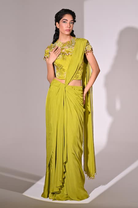 BAANI KHURANA Green Satin Embroidered Applique Floral Embellished Corset Pre-draped Saree Set 