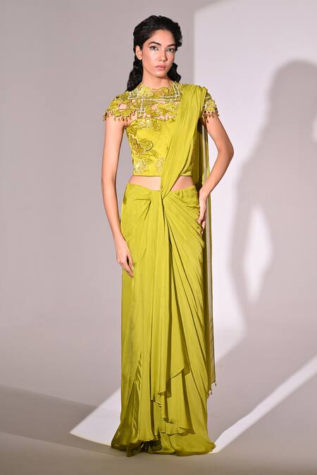 BAANI KHURANA_Green Chiffon, Satin, Net Floral Embellished Corset Pre-draped Saree Set _Online_at_Aza_Fashions