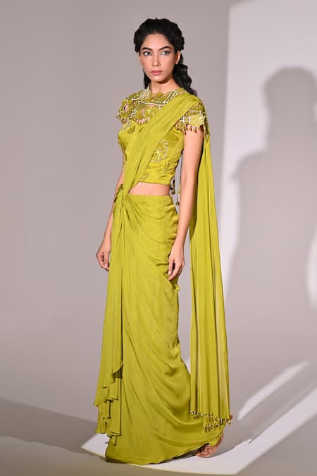 Buy_BAANI KHURANA_Green Chiffon, Satin, Net Floral Embellished Corset Pre-draped Saree Set _Online_at_Aza_Fashions