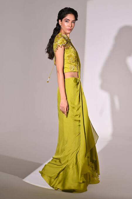 Shop_BAANI KHURANA_Green Chiffon, Satin, Net Floral Embellished Corset Pre-draped Saree Set _Online_at_Aza_Fashions