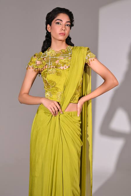 BAANI KHURANA_Green Chiffon, Satin, Net Floral Embellished Corset Pre-draped Saree Set _at_Aza_Fashions
