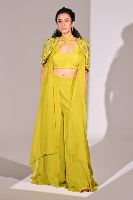 BAANI KHURANA_Green Organza, Satin Beads, Geometric Embellished Layered Cape Sharara Set _Online_at_Aza_Fashions