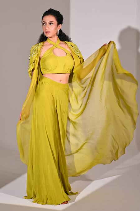 Buy_BAANI KHURANA_Green Organza, Satin Beads, Geometric Embellished Layered Cape Sharara Set _Online_at_Aza_Fashions